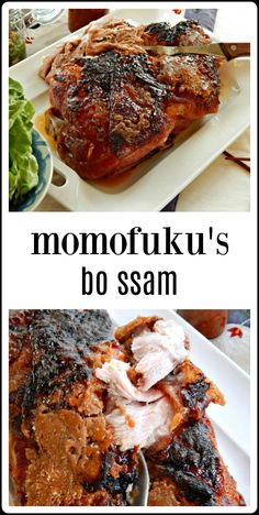 two different pictures with the words momofuku's bo sam on them