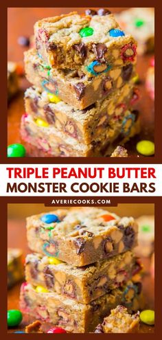 Triple Peanut Butter Monster Cookie Bars, easy dessert ideas, sweet treats, baking recipes Triple Peanut Butter Monster Cookies, Peanut Butter M&m Blondies, Peanut Butter M And M Bars, M M Peanut Butter Bars, Loaded Cookie Bars, Peanut M And M Recipes, Peanut Butter Monster Cookie Bars, Peanut M&m Desserts, Peanut Butter Cup Gooey Cookie Bars