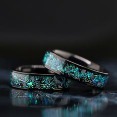 Meteorite Ring, Wood Ring, Damascus Ring, Antler Ring, Camo Ring, Opal Ring, Cubic Zirconia, Turquoise Ring, & Wedding Rings. Check out our selection here: https://www.etsy.com/shop/KingswayJewelry This unique ring set beats any conventional ring. Perfect for anyone looking for a unique ring or wedding band that will constantly turn heads. The wedding band decorated with natural blue and green opal and Genuine Muonionalusta Meteorite chips. Bands' width - 7 mm NO REFUNDS OR EXCHANGES ON ENGR Opal Wedding Ring Set, Meteorite Wedding Rings, Wedding Rings Sets His And Hers, Opal Wedding Ring, Meteorite Wedding Band, Opal Wedding Band, Wedding Ring Sets Unique, Promise Ring Set, Opal Wedding