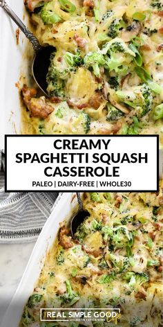 creamy spaghetti squash casserole with chicken and broccoli in a white dish