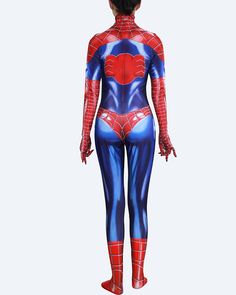 the amazing spider - man costume is shown in blue and red, with an open back