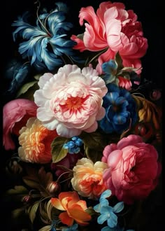 an oil painting of flowers and leaves on a black background with blue, pink, red, yellow and orange colors