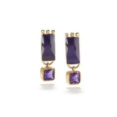 18K yellow gold, sugilite, faceted square amethyst Deep purple sugilite is complemented by three granules atop and a free hanging faceted square amethyst on the bottom, giving just enough motion to these earrings for a light and lively feel. • 1.28" (3.25cm) length • .35" (.89cm) width • 18K post • One of a kind Purple Tanzanite Gemstone Earrings, Modern Purple Gemstone Earrings, Purple Earrings, Deep Purple, Motion, Amethyst, Yellow Gold, Square, Purple