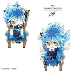 an anime character sitting in a chair with blue hair