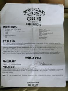 the menu for new orleans's school cooking is posted on a piece of paper