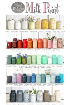 a shelf filled with lots of different colored mason jars on top of each other and the words pickin's milk paint above it