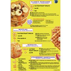 a menu for waffles with bananas and other toppings on it's side