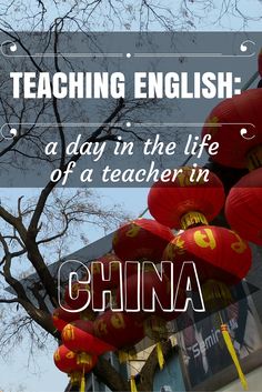 there is a tree with red lanterns in front of it and the words teaching english