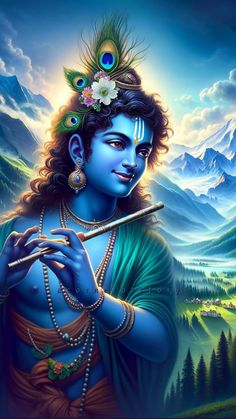 the avatar of lord rama with flute in his hand and mountains in the back ground