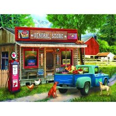 a painting of an old fashioned gas station with chickens and dogs in front of it