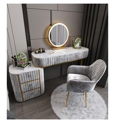 a bedroom with a vanity, chair and mirror