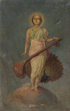 a painting of a woman holding a paddle and a peacock in her hand, standing on top of a rock