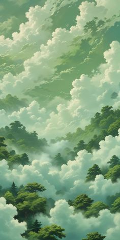 the sky is filled with clouds and green trees in the foreground, as if from above