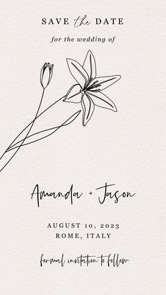 a wedding save the date card with a flower on it and an ink pen drawing