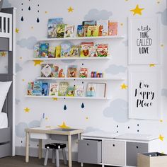 a child's room with bookshelves and toys