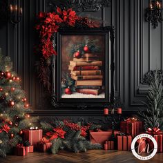 a christmas scene with presents and a tree in front of a framed painting on the wall