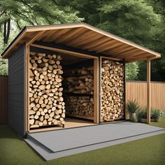 a shed with logs stacked in it