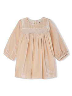 rose silk blend velvet round neck embroidered design fully pleated rear button fastening long sleeves elasticated cuffs Dress With Jean Jacket, Baby Boy Accessories, Dolce And Gabbana Kids, Smocked Dress, Stella Mccartney Kids, Cotton Voile, Silk Velvet, Embroidered Design, Clothes Gift