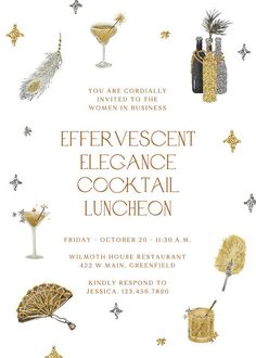 a white and gold party flyer for a dance with wine glasses, champagne flutes, palm trees, and sparklers