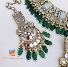 Green (Emerald) Sheesha Necklace Earrings Tikka and Jhoomer Set. Available to be shipped for FREE from Canada to USA, Europe, Italy, Norway and everywhere else. Explore more PUNJABI BRIDAL JEWELLERY SETS 👉 PUNJABI BRIDAL JEWELLERY ONLINE 🛒 INDIAN BRIDAL JEWELLERY 📦Unmatched FREE Worldwide Shipping Jasmine, Canada ⭐️⭐️⭐️⭐️⭐️ Yea and i loved the packing and the the (choora)bridal bangles, i wore it on my anniversary.. thanks a lot.. they Are amazing every person looked at them & were curiou Green Jewelry With Mirror Work For Diwali, Green Jewelry With Mirror Work For Festivals, Green Bollywood Jewelry With Mirror Work, Green Bohemian Jewelry For Diwali, Bohemian Green Jewelry For Diwali, Green Kundan Necklace With Mirror Work As Gift, Bohemian Green Kundan Necklace For Diwali, Green Bohemian Kundan Necklace For Festive Occasions, Bohemian Green Kundan Necklace For Festive Occasions