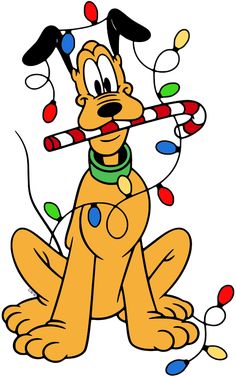 a cartoon dog sitting on the ground with christmas lights around it's neck and nose