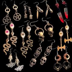 big time sale halloween earring time!  ⛓ Earrings:  Earrings are made on stainless steel hooks by default, also available are leverbacks or clip-ons. Just add a note in checkout!  ⛓ Materials:  Stainless steel:  Stainless steel is our personal favorite to use, since it's rust and tarnish proof! These rings are typically heavier than other materials but it makes it more comfortable in our opinion. It is slightly more expensive, but so worth it.  Anodized aluminum: A lightweight and more affordabl Gold Punk Jewelry For Halloween, Punk Gold Jewelry For Halloween, Punk Style Gold Jewelry For Halloween, Black Jewelry For Halloween Fantasy Events, Nickel-free Metal Jewelry For Alternative Fashion, Edgy Halloween Jewelry, Fantasy Metal Jewelry For Alternative Fashion, Gothic Earrings For Halloween, Steampunk Gold Jewelry For Halloween