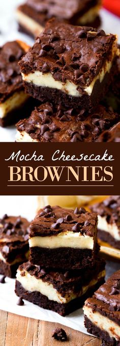 mocha cheesecake brownies are stacked on top of each other with chocolate chips