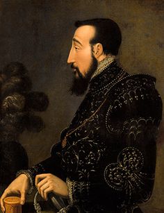 an old painting of a man with a beard and wearing a black outfit holding a cup