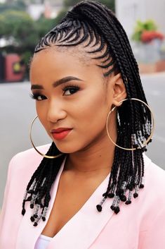 Pony Cornrows, Pony Braids, Beads Braids, African Braids Hairstyles Pictures, High Pony, Side Braid Hairstyles