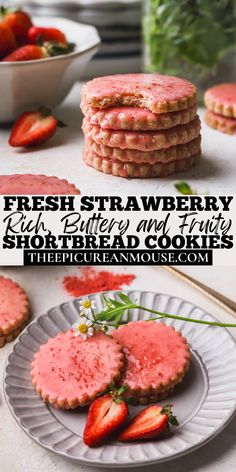 strawberry shortbread cookies are stacked on top of each other