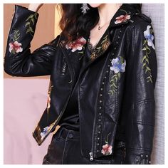 * Embroidery Flower Jacket * Retail $349 8 New With Store Tags * These Are Nothing Short Of Spectacular * Buttery Soft Vegan Leather * As With Most Leather Jackets This Has Plenty Of Stretch To The Fabric. * * Lined Small Bust 39” Waist 36” Length 23.5” Medium Bust 43” Waist 40” Length 24.5” Biker Leather Jacket, White Leather Jacket, Silky Shirt, Parka Women, Print Embroidery, Retro Jacket, Pu Leather Jacket, Womens Prom Dresses, Skirt And Sneakers