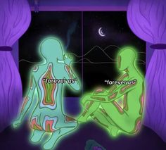 an animated image of two people sitting on the floor in front of a window at night