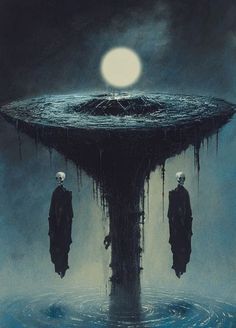 two men standing in front of a floating structure with water dripping from it and the moon above them