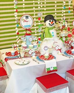 a snowman themed birthday party with decorations