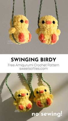 two crocheted birds hanging from strings with the words, swinging birdy on them