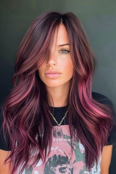 Black To Burgundy Balayage, Burgundy And Brown Hair, Black Cherry Highlights, Cherry Highlights, Fuschia Hair, Raspberry Hair, Black Cherry Hair Color, Hair Color Styles, Wispy Layers