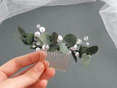 Eucalyptus Hair Piece, Green Hair Piece, Green Hair Accessories, Pearl Hair Comb, Breath Flowers, Pearl Hair Combs, Hair Comb Bridal, Green Prom, Bridal Hair Piece