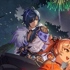 two anime characters standing next to each other in front of fireworks and sky with stars