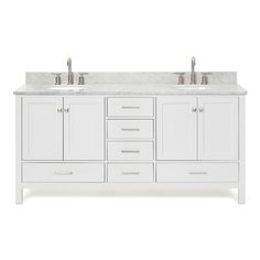 a white bathroom vanity with two sinks and marble counter tops on the top, against a white background