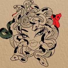 a drawing of a woman's face with snakes around her head and a red bird sitting on top of it