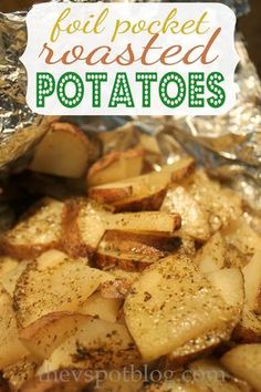 foil packet roasted potatoes with text overlay