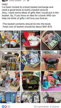 a collage of photos showing various items from the book basket, including books and other things