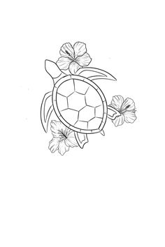 a drawing of a turtle with flowers on it's back and the top half of its shell