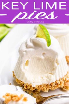 key lime pies on a white plate with whipped cream and cucumber in the background