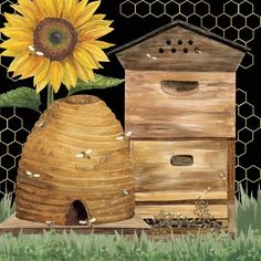 a beehive with a sunflower in front of it on a black background