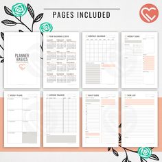 the printable planner is set up on top of a pink and green floral background