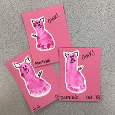 three pink cards with pictures of animals on them