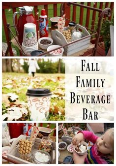 a collage of photos with the words fall family beverage bar on it and an image of