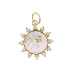 Mikimoto Mini Mother of Pearl Diamond Happiness Sun Charm Monica Rich Kosann, Sun Charm, Pearl Diamond, Mother Of Pearl, Jewelry Accessories, Diamonds, Yellow Gold, Sun, Gemstones