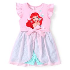 Disney little mermeid dress is made from a fabric blend of 67% polyester, 28% spandex, and 7% nylon. It's machine washable for easy care. The pink mermeid dress, consisting of a single piece, features short ruffled sleeves and a lovely Disney princess design. Perfect for summer, the toddler girl dress is suitable for daily wear and outdoor activities. Let your little girl embrace the magic of Disney with this cute ruffled girl dress, featuring a delightful princess graphic, mermaid-inspired deta Ariel Pink Dress, Disney Princess Toddler, Toddler Girl Romper, Princess Design, Tulle Skirt Dress, Romper Long Pants, Toddler Girl Summer, Little Mermaid Ariel, Toddler Girl Outfit